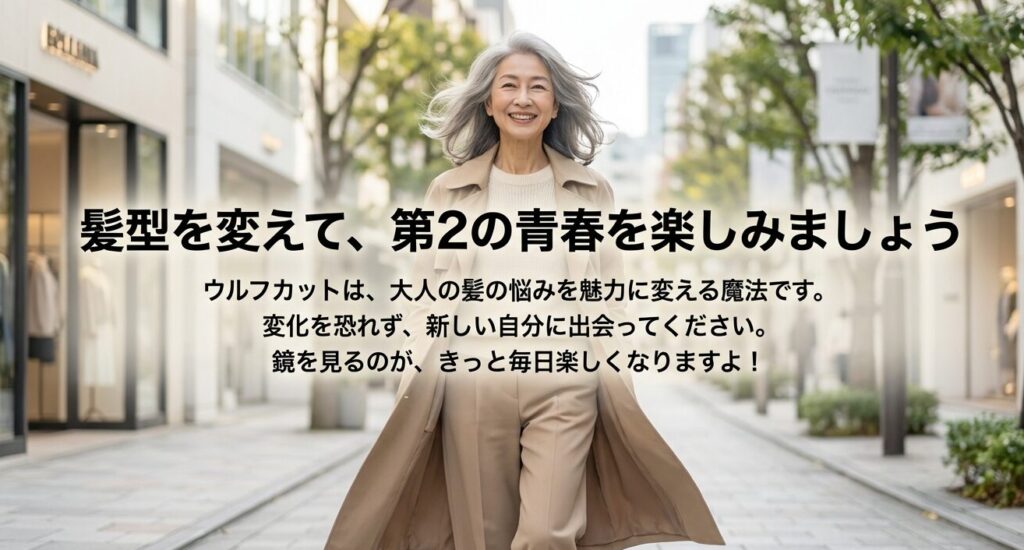 変化を恐れず新しい自分に出会うことを応援するメッセージと笑顔のシニア女性