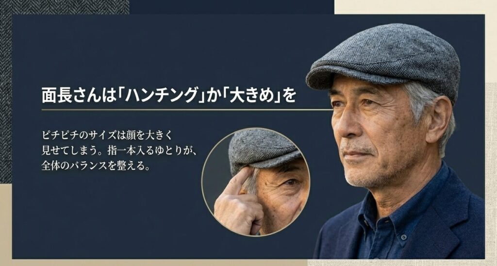 ピチピチのサイズはNG。指一本入るゆとりを持つことで、顔とのバランスが整う。