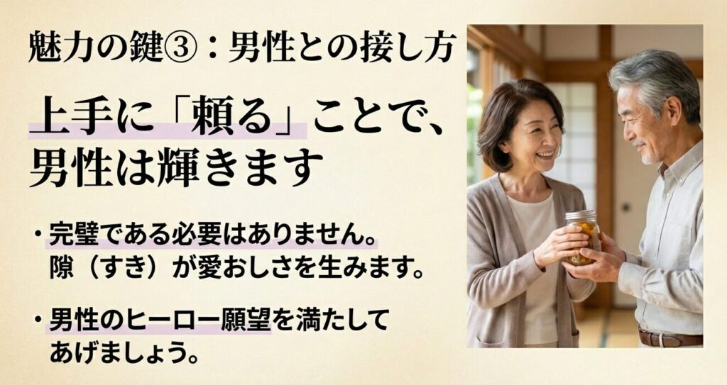 男性のヒーロー願望を満たすために上手に頼り、隙を作ることの大切さを説くスライド