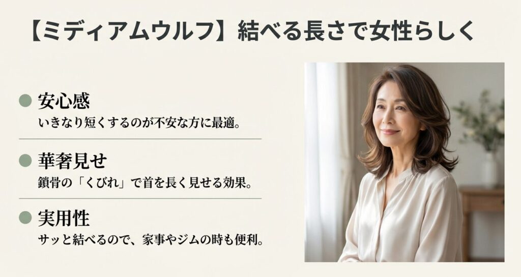 鎖骨ラインでくびれるミディアムウルフの女性の写真と、結べる長さのメリット解説