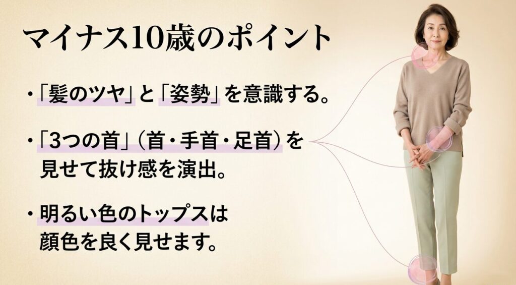 髪のツヤ、姿勢、3つの首の露出、明るいトップスなど若々しく見えるポイントをまとめたスライド