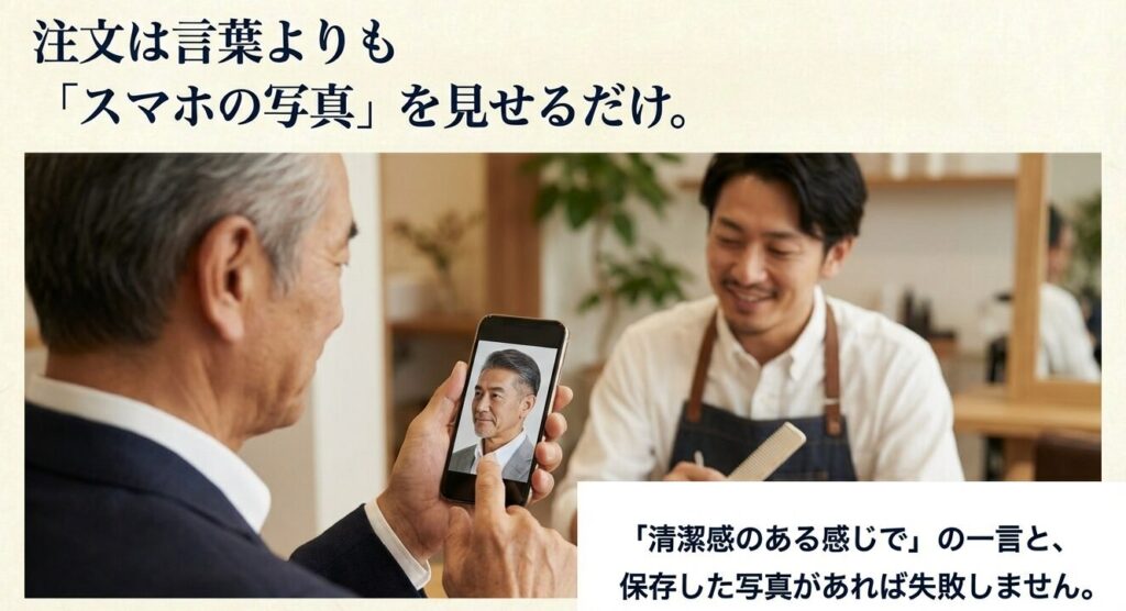 スマホに保存したヘアスタイルの写真を美容師に見せてオーダーする男性の様子