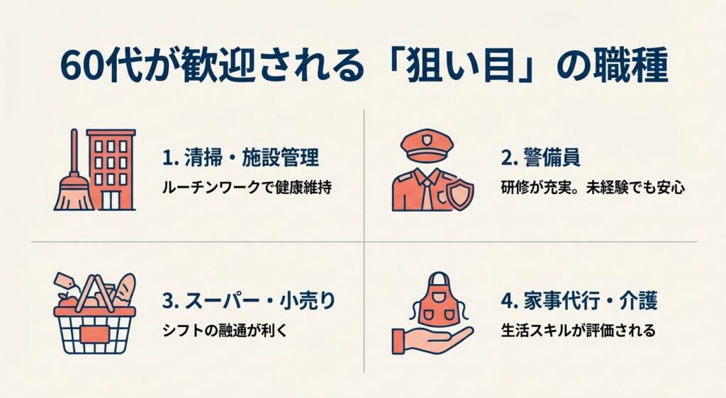 60代が歓迎される狙い目の職種（清掃・施設管理、警備員、スーパー・小売り、家事代行・介護）
