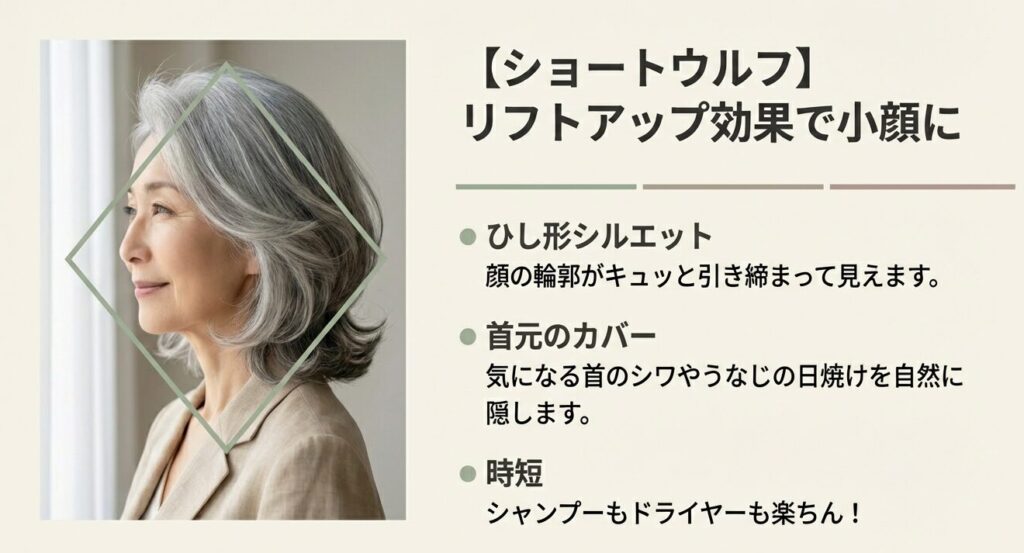 ひし形シルエットによる小顔効果と首元のカバー効果を示した60代女性のショートウルフ写真