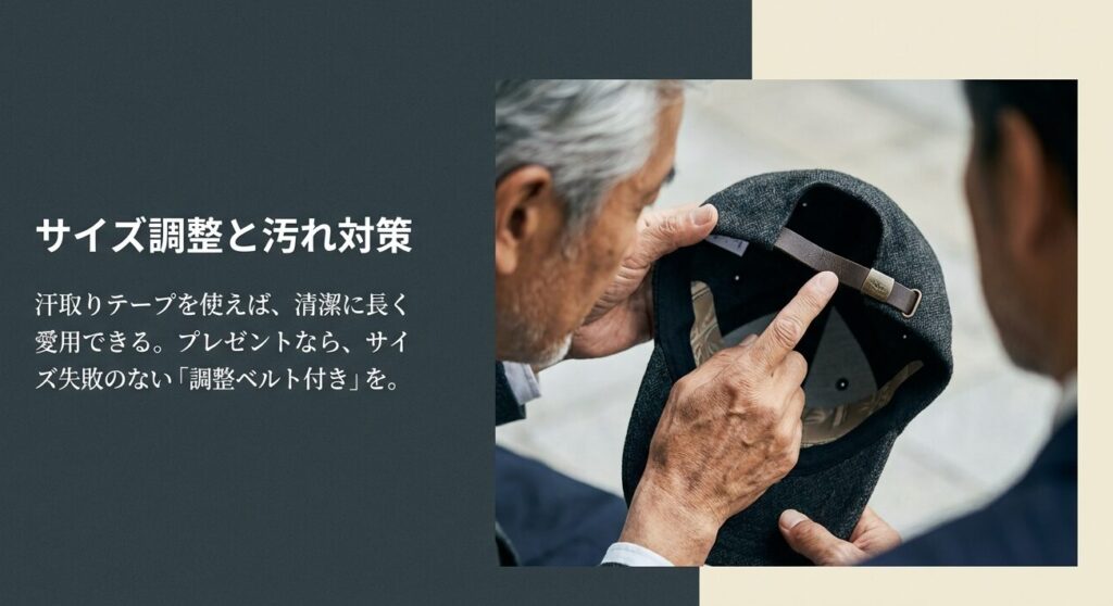 プレゼントならサイズ失敗のない調整ベルト付きを。汗取りテープを使えば清潔に長く愛用できる。