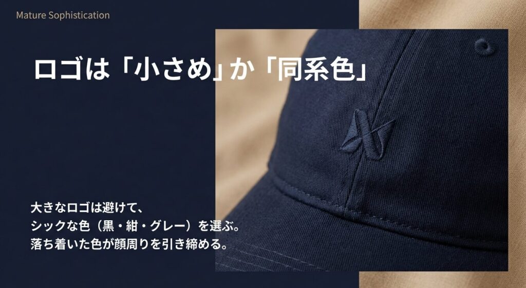 大きなロゴは避けて、黒・紺・グレーなどのシックな色を選ぶと顔周りが引き締まる。