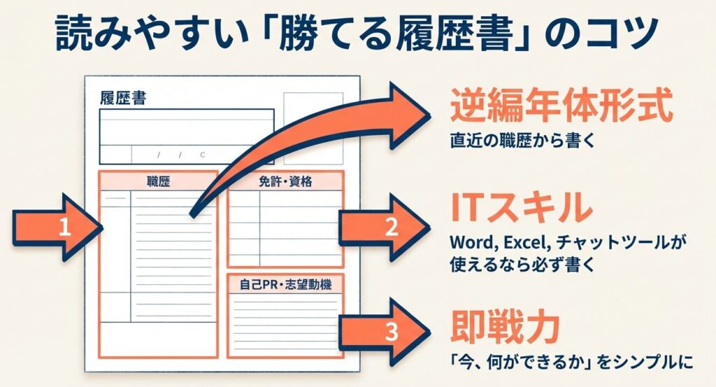 60代の勝てる履歴書のコツ：逆編年体形式で直近の職歴から書き、ITスキルと即戦力をアピール