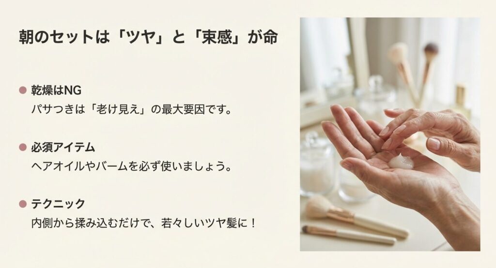 ヘアオイルやバームを手に取り、内側から揉み込むスタイリングの手順と手元の写真