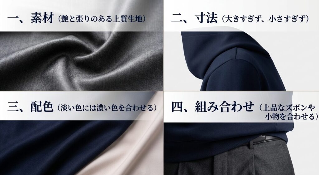パーカーをお洒落に見せるための「素材・寸法・配色・組み合わせ」の4法則の解説
