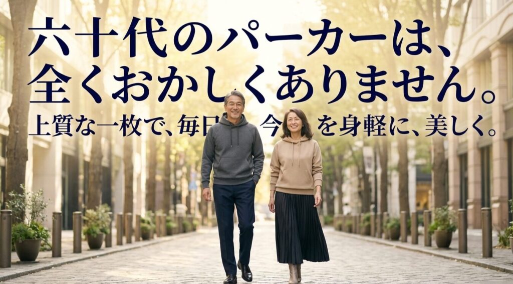 六十代のパーカーは全くおかしくありません。上質な一枚で、毎日を身軽に、美しくというメッセージ