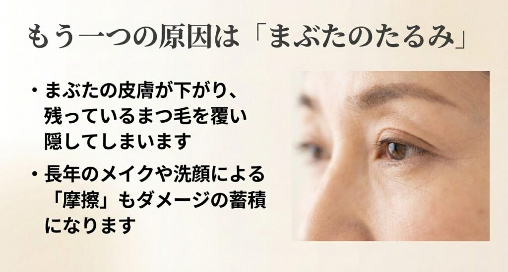 もう一つの原因はまぶたのたるみと摩擦ダメージ
