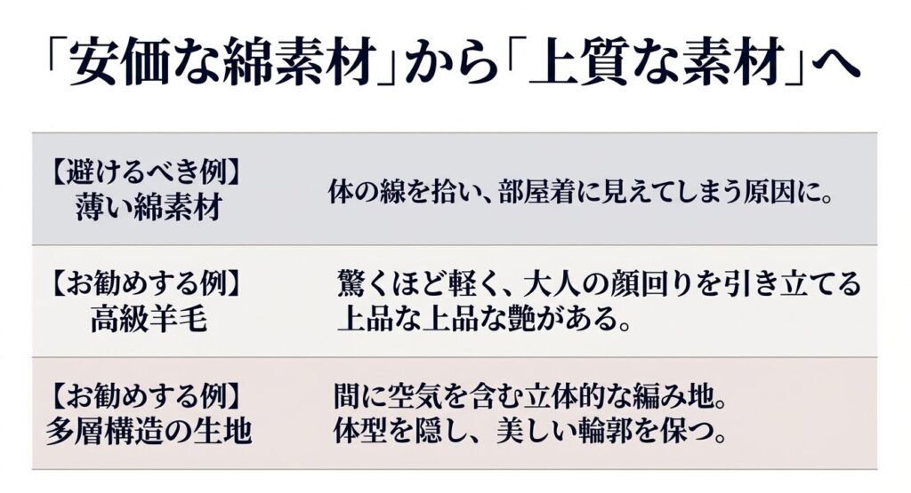 避けるべき薄い綿素材と、お勧めする高級羊毛や多層構造生地（ダンボールニット）の比較解説