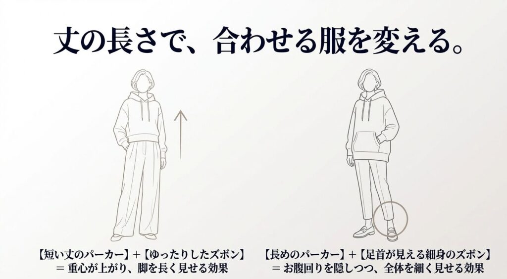 短い丈のパーカーとゆったりズボン、長めのパーカーと足首が見える細身ズボンのコーディネートイラスト
