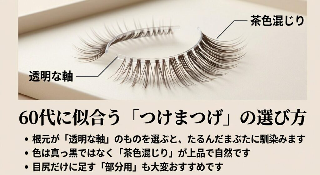 60代に似合うつけまつげの選び方。透明な軸と茶色混じりがポイント
