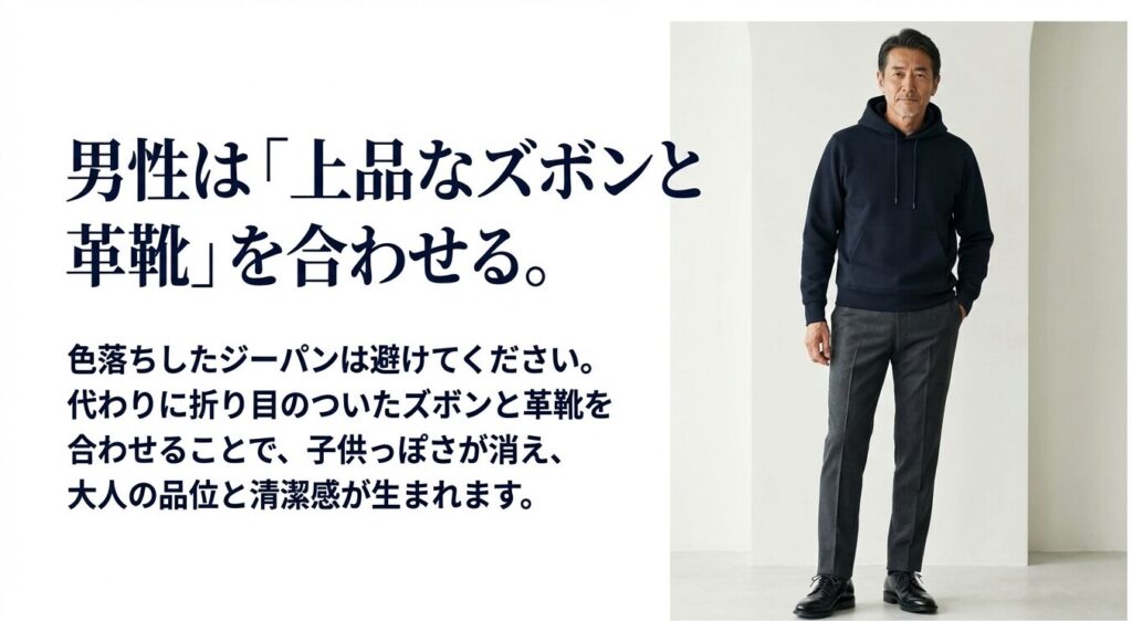 ネイビーの無地パーカーに、折り目のついたきれいめなスラックスと革靴を合わせた60代男性のコーディネート