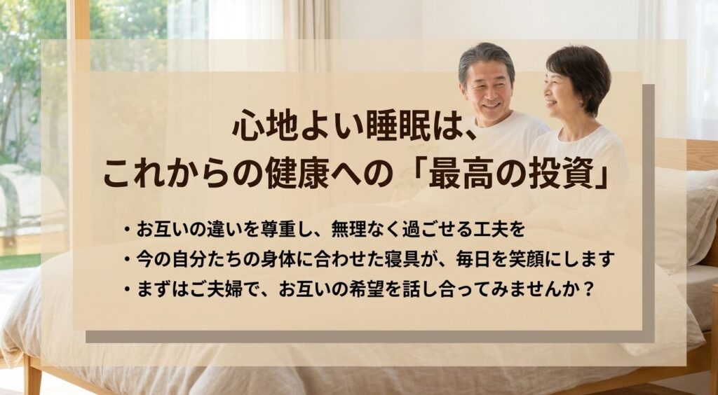 心地よい睡眠はこれからの健康への最高の投資。お互いの違いを尊重し今の身体に合わせた寝具を選ぶことの重要性