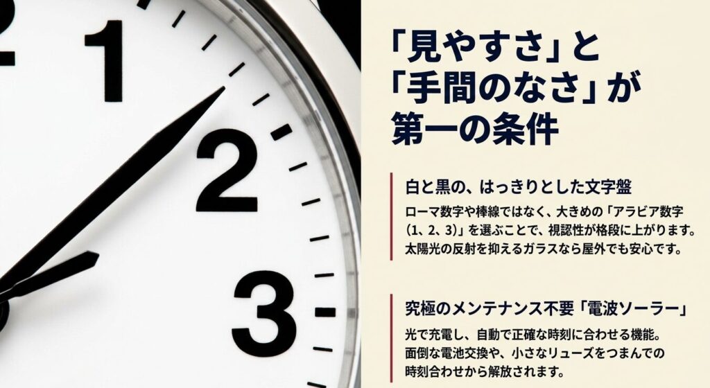 見やすさと手間のなさが第一の条件。白黒のはっきりとした文字盤、大きめのアラビア数字、究極のメンテナンス不要である電波ソーラー機能