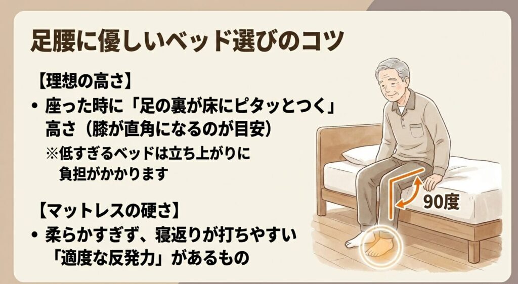 座った時に足の裏が床につき、膝が90度になる理想的なベッドの高さと適度な硬さの解説