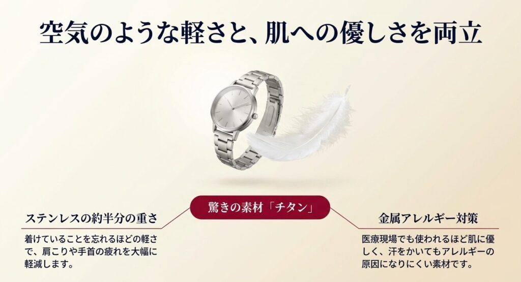 空気のような軽さと肌への優しさを両立する驚きの素材チタン。ステンレスの約半分の重さで金属アレルギー対策にも有効