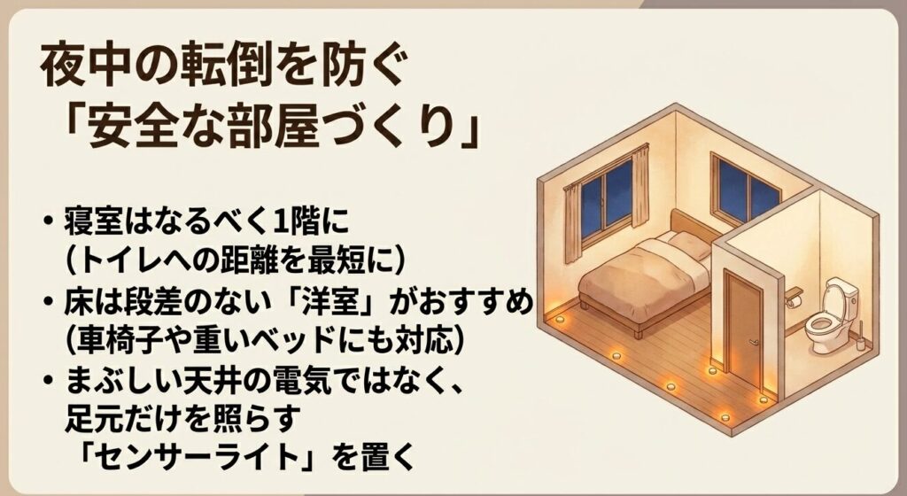 寝室を1階にする、段差のない洋室にする、足元センサーライトを置くなど、転倒を防ぐ安全な部屋づくりのポイント