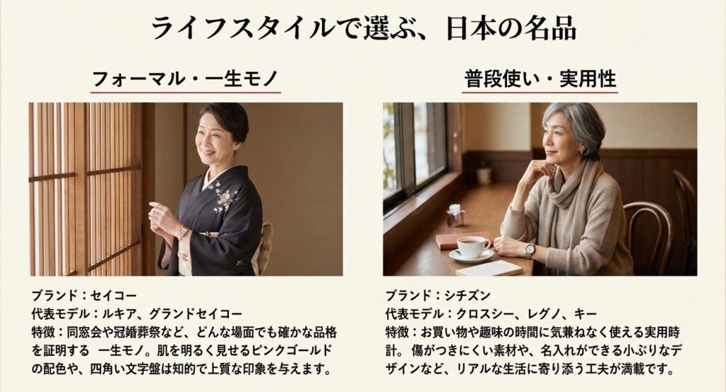 ライフスタイルで選ぶ日本の名品。フォーマル・一生モノのセイコー（ルキア、グランドセイコー）と、普段使い・実用性のシチズン（クロスシー、レグノ、キー）