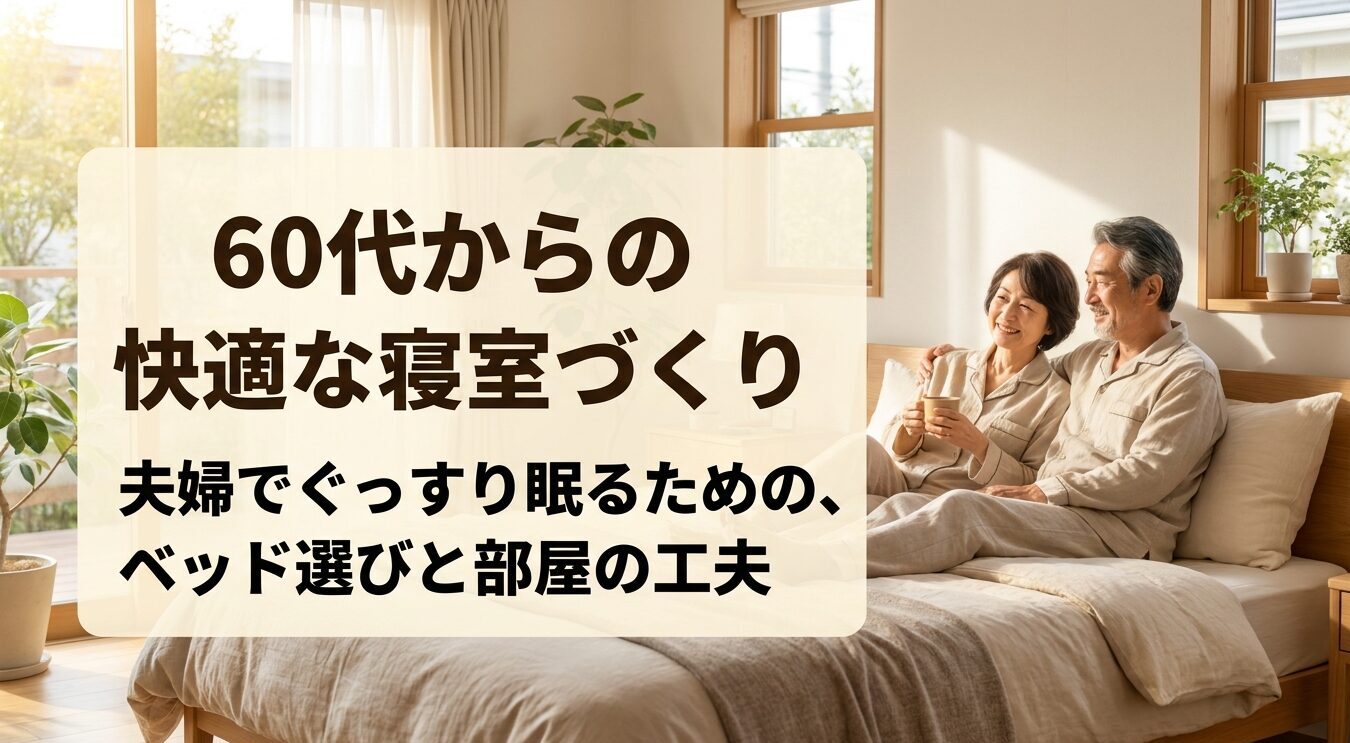 60代からの快適な寝室づくり。夫婦でぐっすり眠るためのベッド選びと部屋の工夫に関する表紙スライド