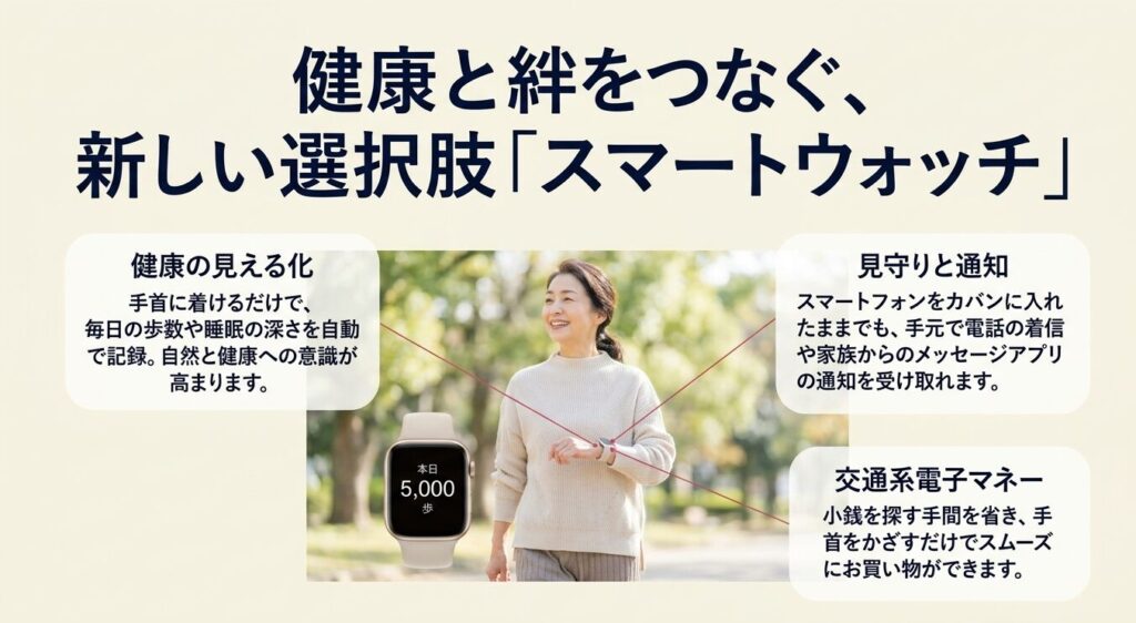 健康と絆をつなぐ新しい選択肢スマートウォッチ。健康の見える化、見守りと通知機能、交通系電子マネー決済の解説
