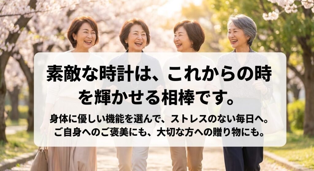 これからの豊かな時間を共に刻むパートナー。年齢による身体の変化に寄り添い、負担を減らしてくれる時計選び