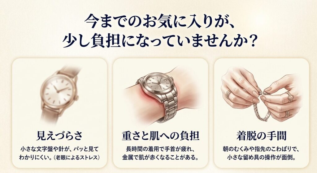 今までのお気に入りが負担になっていませんか？老眼による見えづらさ、重さと肌への負担、着脱の手間などの悩み