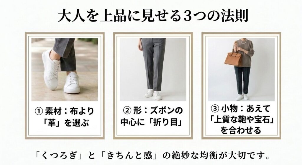 布より革を選ぶ、ズボンの中心に折り目、あえて上質な鞄や宝石を合わせるという、大人を上品に見せる3つの法則