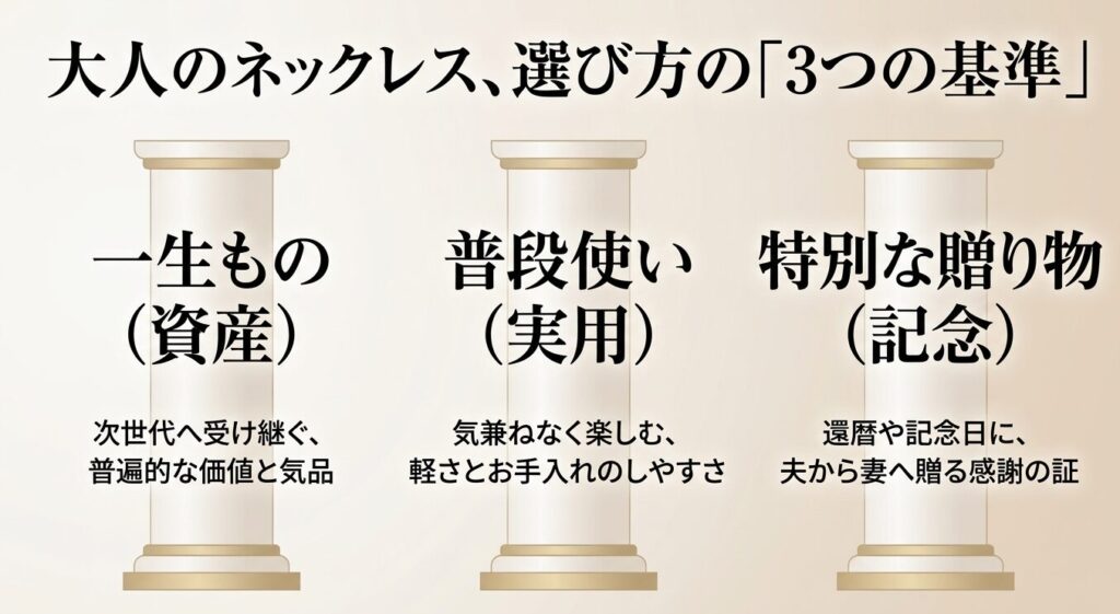 60代のネックレス選びにおける3つの基準（一生もの、普段使い、特別な贈り物）の図解