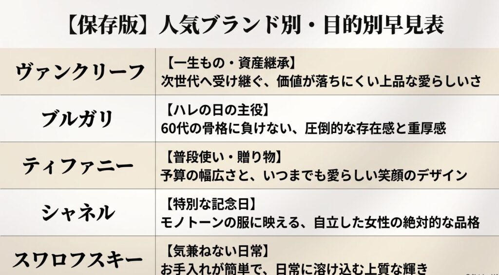 60代に人気のハイブランドネックレス目的別早見表（ヴァンクリーフ、ブルガリ、ティファニー、シャネル、スワロフスキー）