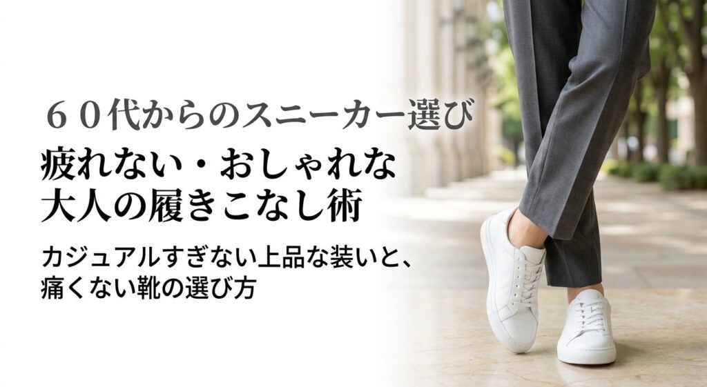 白いスニーカーを手に持つ上品な60代女性の画像。カジュアルすぎない上品な装いと、痛くない靴の選び方を解説した表紙スライド