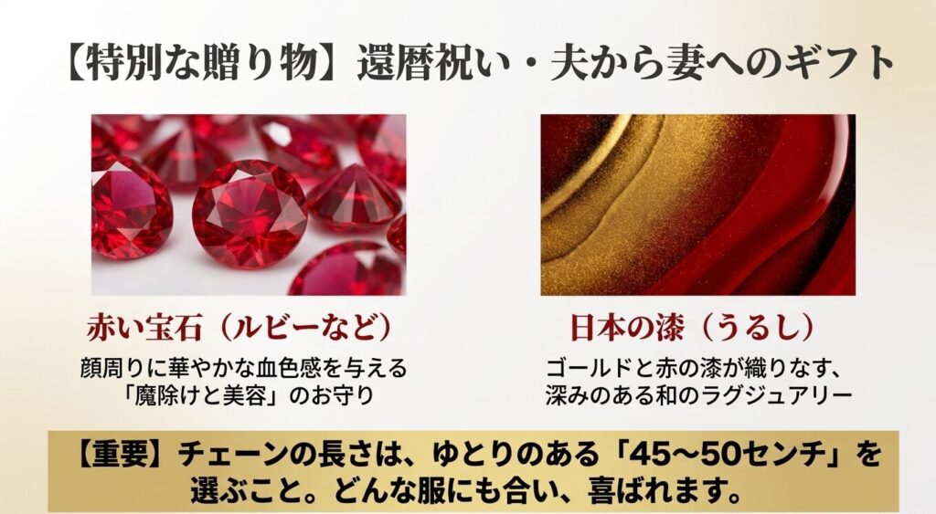 還暦祝いや妻へのプレゼントに最適な赤い宝石（ルビー）と漆のネックレスの魅力