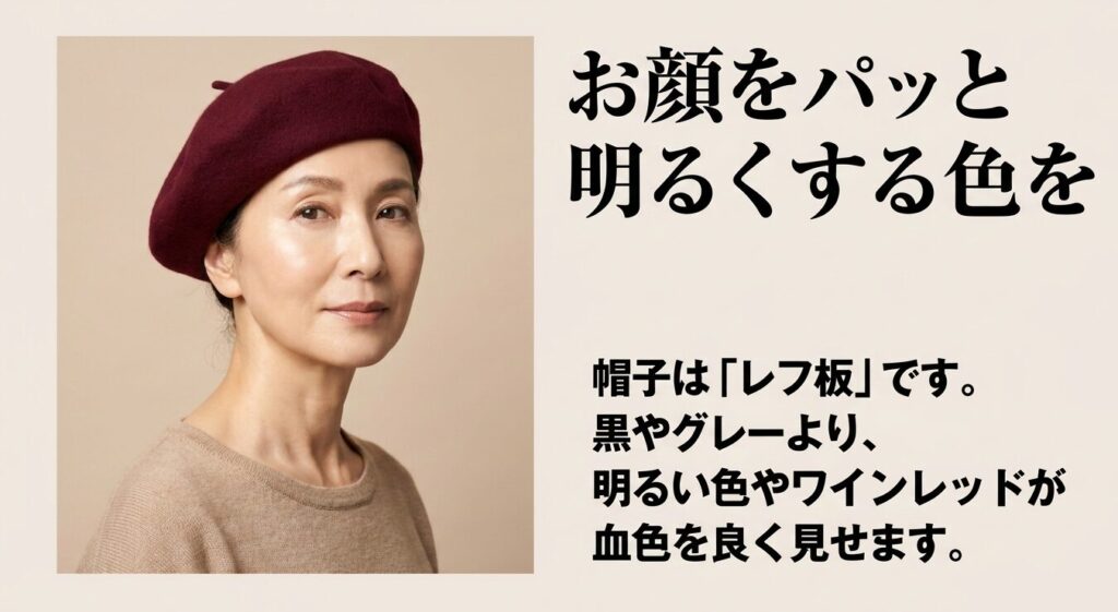 顔色を明るくするレフ板効果。上品にまとまる基本色のベージュ・茶・紺と、血色感をプラスする華やぎ色の紫・ワインレッドの紹介