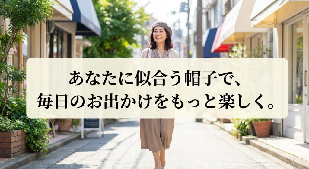 あなたに似合う帽子で毎日のお出かけをもっと楽しくという結びのメッセージ。