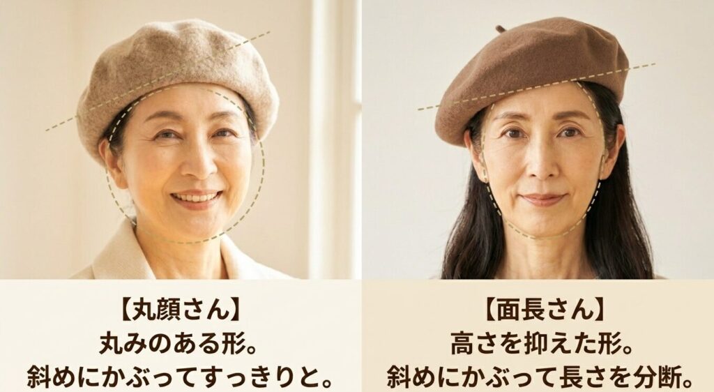 丸顔さんは丸みのある形を斜めにかぶりすっきりと、面長さんは高さを抑えた形を斜めにかぶって長さを分断するという顔型別のアドバイス