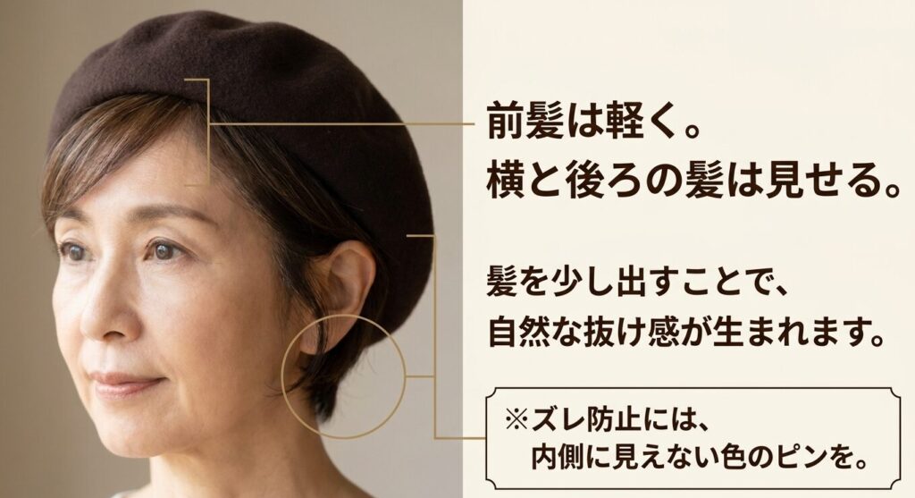 前髪は軽く横と後ろの髪は見せて自然な抜け感を出すスタイリング術と、ズレ防止のためのピンの使い方の解説