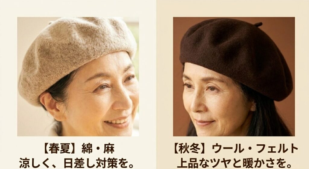 春夏は涼しく日差し対策ができる綿や麻、秋冬は上品なツヤと暖かさのあるウールやフェルト素材をおすすめする解説。