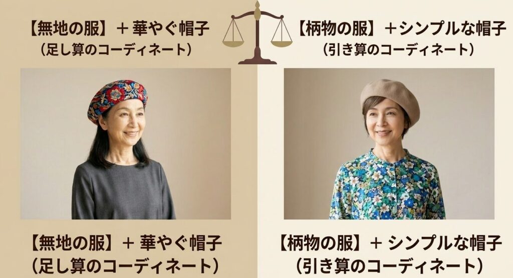 無地の服には華やぐ帽子を合わせる足し算のコーディネート、柄物の服にはシンプルな帽子を合わせる引き算のコーディネートの解説