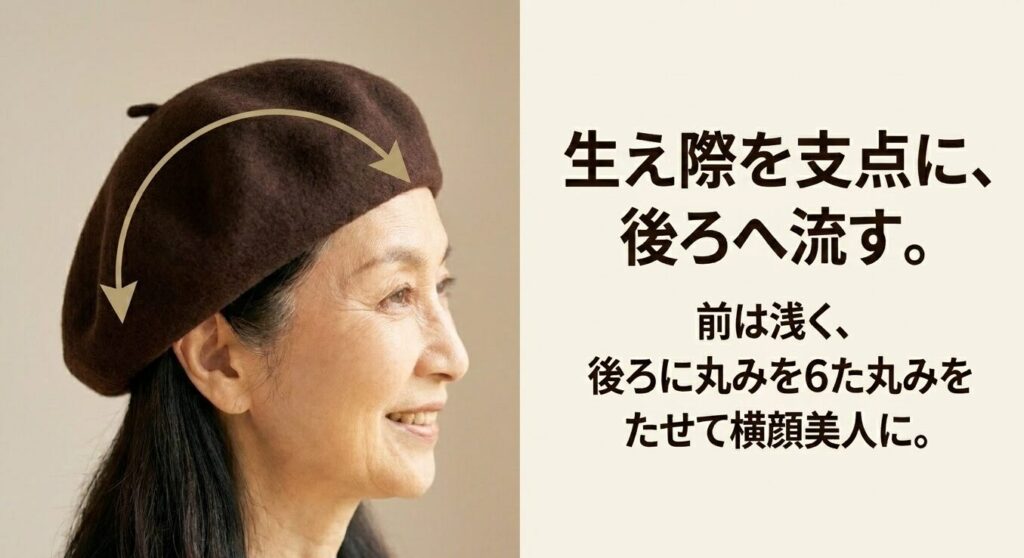 生え際を支点に後ろへ流し、前は浅く後ろに丸みを持たせて横顔美人になるベレー帽のかぶり方の解説