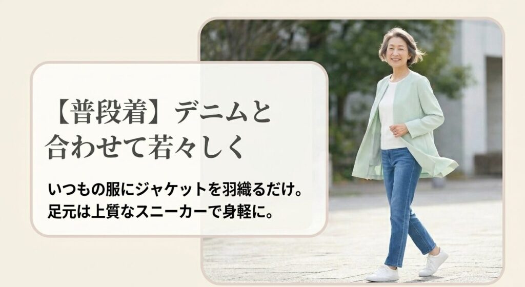 普段着はデニムと合わせて若々しく。いつもの服にジャケットを羽織るだけ