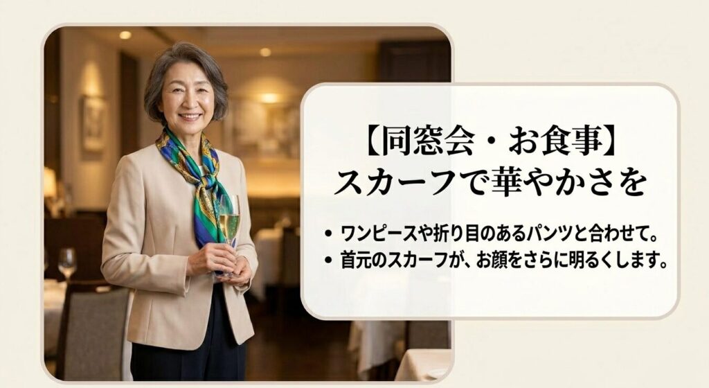 同窓会・お食事にはスカーフで華やかさを。首元のスカーフが、お顔をさらに明るくします