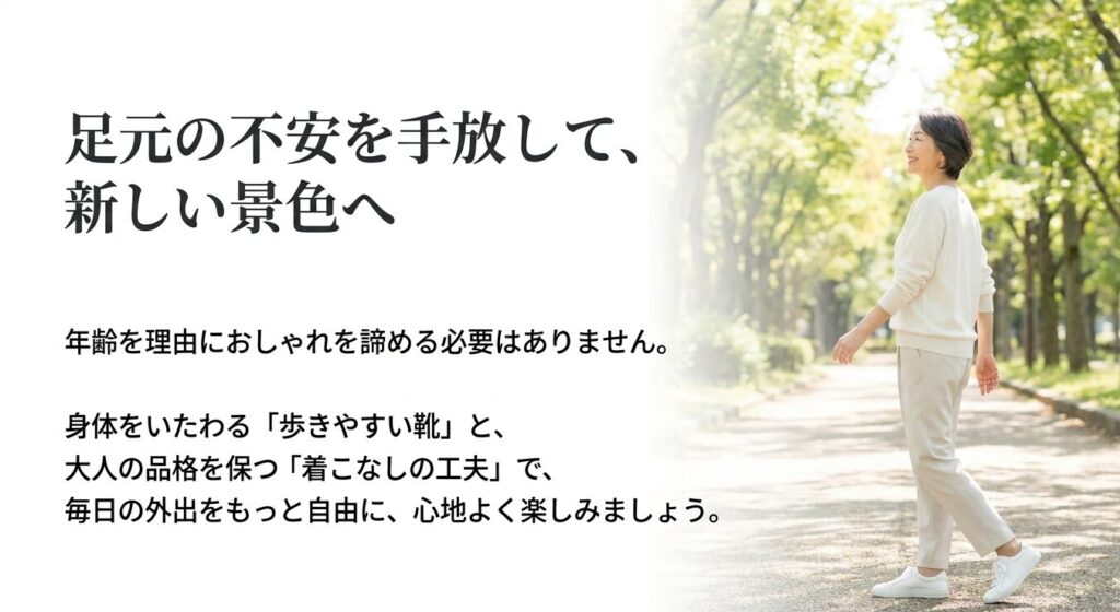 年齢を理由におしゃれを諦める必要はないというメッセージと、歩きやすい靴と着こなしの工夫で毎日の外出を楽しむためのまとめ