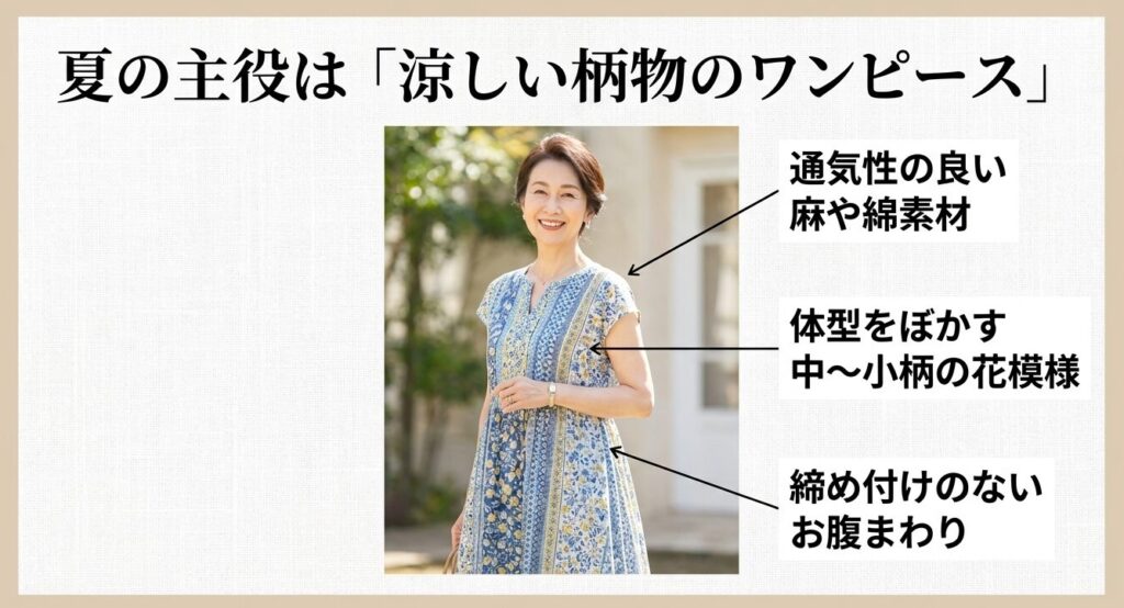通気性の良い素材と体型をぼかす中小柄の花模様を取り入れた、涼しい柄物ワンピースを着用した60代女性の画像