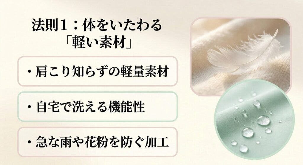 体をいたわる軽い素材。軽量素材、洗える機能性、急な雨や花粉を防ぐ加工