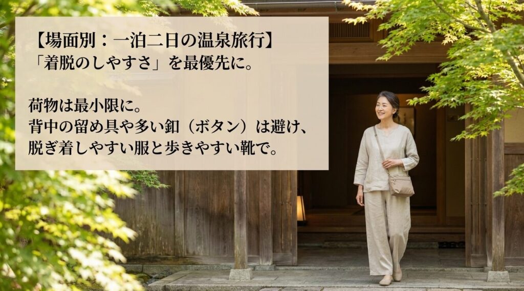 温泉旅行では着脱のしやすさを最優先し、荷物を最小限に抑えるための服装選びのポイント