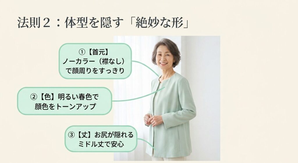 法則2:体型を隠す絶妙な形。ノーカラーで顔周りをすっきり、明るい春色でトーンアップ、お尻が隠れるミドル丈