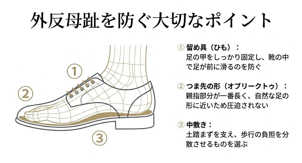 足の甲を固定する留め具、オブリークトゥのつま先の形、土踏まずを支える中敷きなど、外反母趾を防ぐための靴の構造を図解したスライド