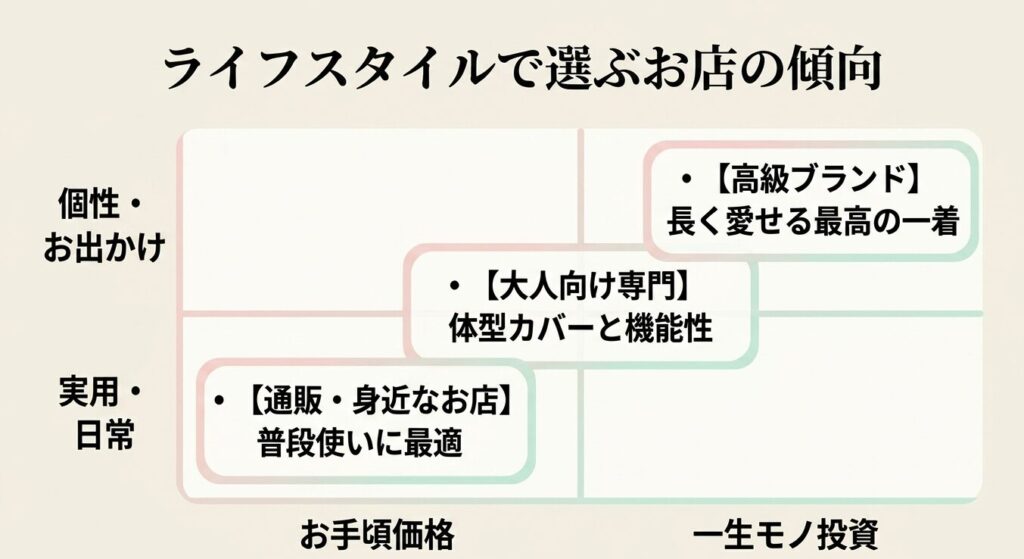 ライフスタイルで選ぶお店の傾向。高級ブランド、大人向け専門、通販・身近なお店